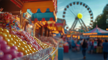 Brightly colored candies line the stand at a bustling fair, with families enjoying rides and games as the Ferris wheel turns in the background under evening light.の素材