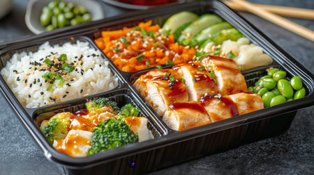 A bento box is filled with grilled chicken drizzled in sauce, steamed rice with sesame, fresh veggies, and a medley of flavors, making it a perfect meal for lunchtime in a cozy setting.の素材