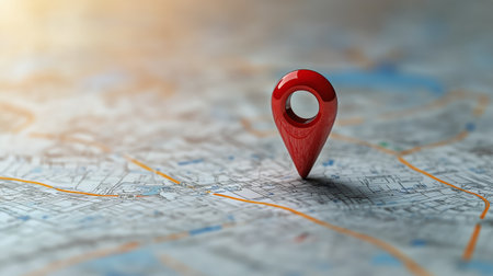 A red map pin marks a specific location on a detailed city map. The map highlights streets and areas, inviting exploration and navigation during the day.の素材