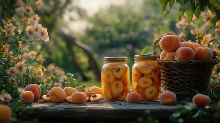 Two jars of sliced peaches are placed on a wooden table with a basket full of fresh peaches. Surrounding flowers thrive in the warm sunlight, creating a vibrant garden atmosphere.の素材