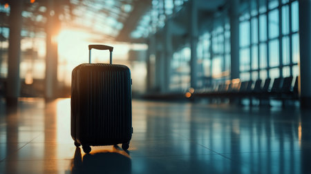 A black suitcase stands alone in an airport terminal during sunset, casting reflections on the polished floor.の素材