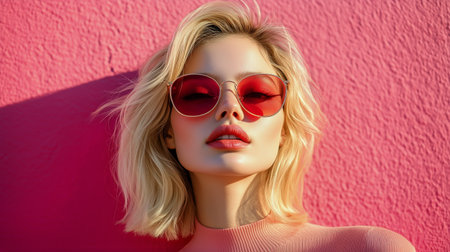 A woman with blonde hair wears red sunglasses and a pink sweater, confidently posing against a vibrant pink wall during afternoon light. Her playful expression radiates style.の素材