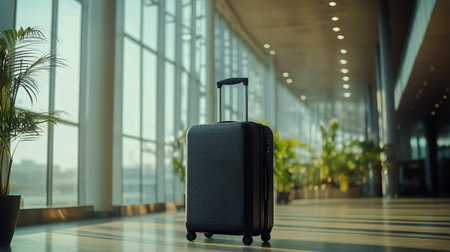 A sleek black suitcase stands alone in a bright airport terminal filled with natural light. Potted plants line the spacious area, creating a relaxed travel atmosphere.の素材