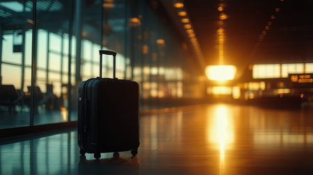 A black suitcase stands alone in an airport terminal during sunset, casting reflections on the polished floor.の素材