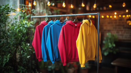 A collection of hoodies in various colors hangs from a rack inside a cozy environment. Soft lighting creates a welcoming atmosphere, enhancing the vibrant hues of each garment.の素材
