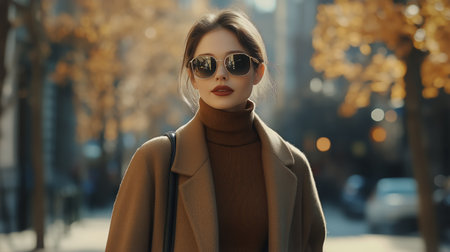 A fashionable woman wearing sunglasses and a camel coat walks confidently through city streets during a sunny autumn day, surrounded by colorful leaves and historic architecture.の素材