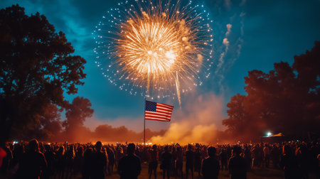 A crowd watches brightly colored fireworks bursting in the night sky amid a festive atmosphere. An American flag waves proudly in the foreground, enhancing the celebrations spirit.の素材