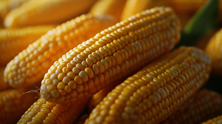 Plump yellow corn cobs are neatly arranged at a market, showing off their vibrant color and natural texture. Farmers display their harvest to attract buyers.の素材