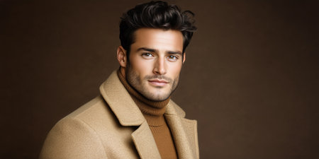 A well-groomed man displays confidence while wearing a fashionable coat and turtleneck. He poses against a minimalistic, warm-toned background, highlighting his features and style.の素材