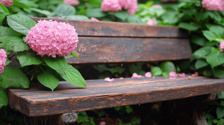 A rustic wooden bench rests amid vibrant pink hydrangeas in full bloom. The garden offers a serene atmosphere perfect for relaxation and enjoying nature.の素材