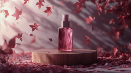 A pink perfume bottle sits on a wooden platform, with vibrant red leaves cascading around it. Soft light creates a gentle atmosphere, enhancing the elegant presentation.の素材