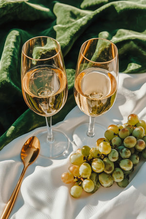 Two glasses of rose wine sit beside a bunch of fresh grapes on a white cloth. The setting features a soft green blanket and gentle sunlight, creating a relaxed atmosphere.の素材