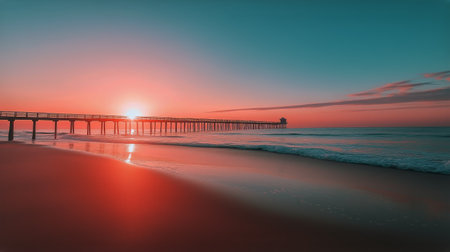 A beautiful sunset casts a warm glow over the ocean, with waves gently lapping at the sandy beach. A pier stands tall in the distance against the colorful sky.の素材