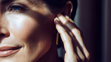 A woman gently touches her gold earring with a smile on her face, illuminated by warm, soft sunlight in a comfortable indoor environment.の素材