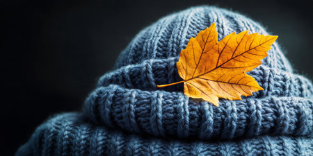 A cozy knitted hat in a soft blue color is placed on a dark background. An amber autumn leaf rests on top, highlighting the seasonal change and warmth of fall fashion.の素材