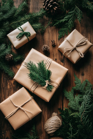 Presents with natural decorations are placed on a rustic wooden table. Pine cones and evergreen foliage create a festive atmosphere perfect for holiday celebrations.の素材