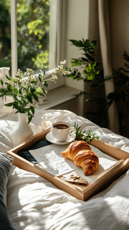Freshly brewed coffee paired with golden croissants is served on a wooden tray in a sunny bedroom, surrounded by cozy bedding and delicate flowers.の素材
