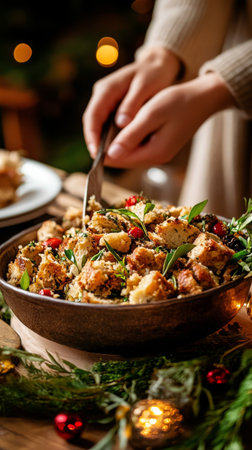 A person serves a colorful stuffing dish filled with herbs and berries at a holiday gathering surrounded by warm lights and decorations, creating a cozy atmosphere.の素材