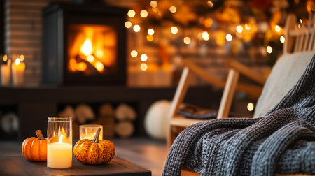 Decorative pumpkins and glowing candles are arranged near a warm fireplace. The soft light creates a cozy atmosphere perfect for autumn evenings spent indoors.の素材