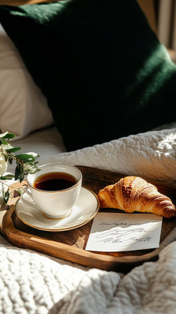 Breakfast features spread a croissant and cup of tea on a wooden tray amidst soft bedding, illuminated by warm morning light and a floral arrangement nearby.の素材