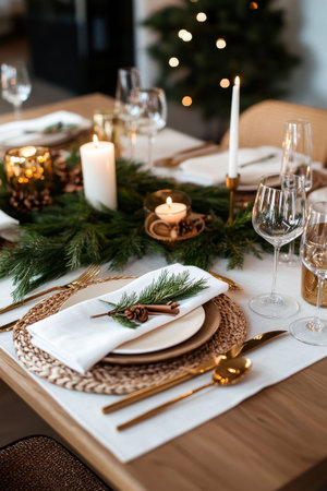 A beautifully arranged dining table features golden cutlery, white plates, and green centerpieces. Candles cast a warm glow, creating a festive atmosphere for a holiday gathering.の素材