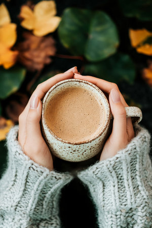 Hands gently cradle a speckled mug filled with warm beverage surrounded by vibrant autumn leaves, capturing the essence of a peaceful fall day.の素材