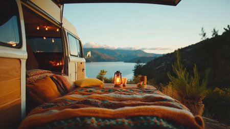 A vintage yellow van is parked by the ocean, surrounded by mountains and a cozy rug. Lanterns hang inside, creating a warm atmosphere during sunset by the water.の素材