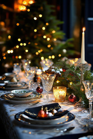 A beautifully arranged holiday dinner table features sparkling candles, fine china, and festive greenery. Soft lights create a warm atmosphere for a family gathering.の素材