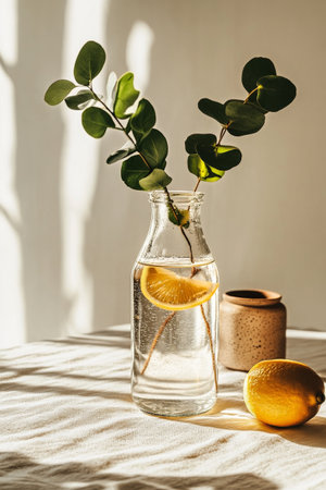 A clear glass bottle filled with water features a slice of lemon and green leaves. A small ceramic pot and a whole lemon accompany the bottle on the table.の素材