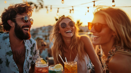 Three friends share laughter and colorful cocktails at a rooftop bar as the sun sets, creating a warm atmosphere. The vibrant backdrop enhances their joyful expressions of friendship.の素材