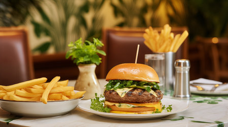 A delicious burger layered with fresh greens and cheese is plated alongside crispy golden fries in a warm, inviting restaurant.の素材