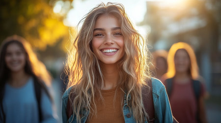 A young woman with long, wavy hair smiles brightly while walking in a park at sunset. Friends are seen in the background, enjoying the warm evening light and cheerful atmosphere.の素材