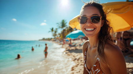 A joyful woman stands on a beautiful sandy beach, wearing sunglasses and a swimsuit, as others relax nearby. The sun shines brightly over the turquoise water on this perfect day.の素材