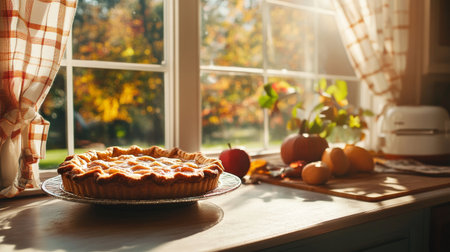 A delicious apple pie sits on a countertop in a cozy kitchen. Sunlight filters through the window, illuminating autumn colors outside and nearby fruit on the table.の素材