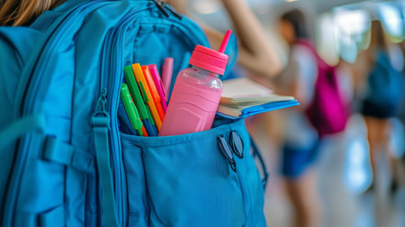 Vibrant turquoise backpack filled with school supplies and a water bottle rests against a sunny background of students walking in a park.の素材