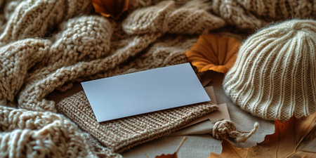Cozy knitted items including a hat and scarf lie alongside a blank card and dried leaves on a textured surface, creating a warm autumn atmosphere perfect for seasonal notes.の素材