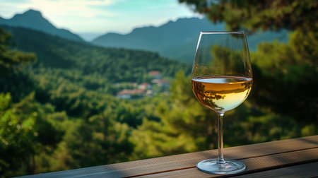 A crystal-clear glass of white wine sits on a wooden table. The background features lush green hills and mountains under a clear sky at sunset, creating a peaceful ambiance.の素材