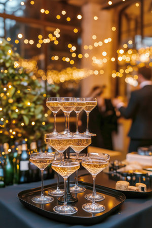 Sparkling wine is poured into elegant glasses as friends celebrate together, surrounded by soft lighting and festive decor. A cozy winter atmosphere enhances the joyful moment.の素材