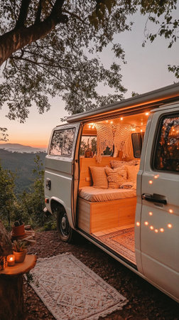 A stylish van features a cozy interior decorated with textiles, parked on a scenic overlook. The sunset casts a warm glow over the mountainous landscape.の素材