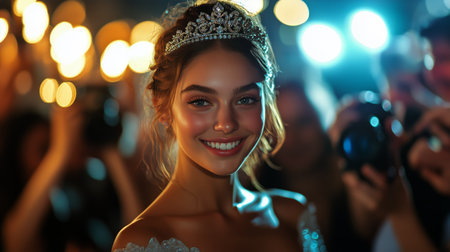 A young woman wearing a sparkling crown beams as she stands amidst a celebration at night, with flashing lights and cameras capturing the moment in a lively atmosphere.の素材