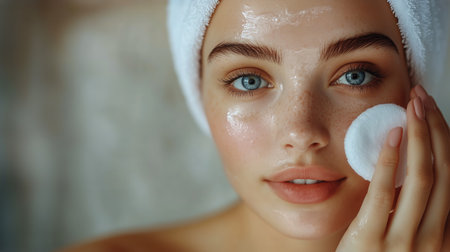 A young woman with clear skin gently applies a skincare product using a cotton pad. She wears a white towel on her head and appears relaxed in a calm atmosphere.の素材