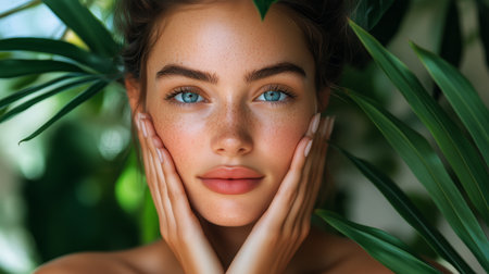 A young woman with striking blue eyes gently touches her face while surrounded by lush green plants in a vibrant, tropical environment, capturing a moment of serene beauty.の素材