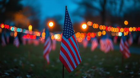 American flags proudly stand in a grassy area, illuminated by colorful lights at sunset. The atmosphere feels festive and highlights a strong sense of patriotism.の素材