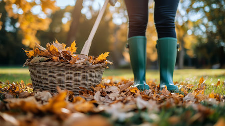 A person wearing green boots gathers vibrant autumn leaves with a rake in a sunny park.の素材