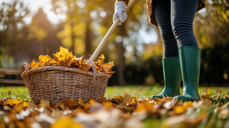 A person in green boots uses a broom to sweep colorful autumn leaves into a large wicker basket in a back garden. The sun shines through trees, creating a warm atmosphere.の素材