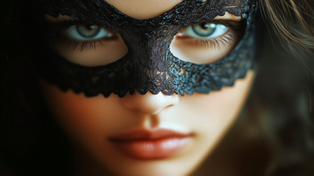 A woman with a delicate lace mask looks directly at the camera, creating an air of intrigue and mystery. Her striking eyes stand out in the low light of the evening atmosphere.の素材