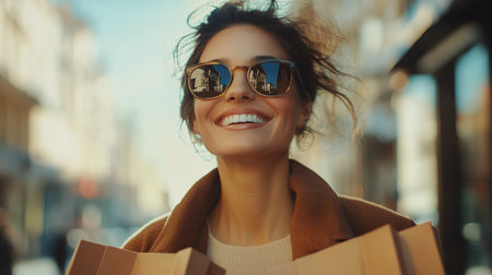 Bright sunshine highlights a joyful young woman as she strolls through a bustling city street, carrying colorful shopping bags and wearing stylish sunglasses for a trendy look.の素材