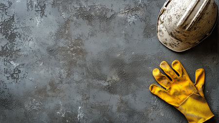Bright yellow gloves and a hard hat are placed on a textured gray surface, showing essential construction safety equipment for workers at a job site.の素材