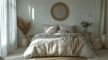 This bright bedroom features a large bed with white linens, neutral decor, and natural light pouring in through a window. Decorative plants add a touch of tranquility.の素材