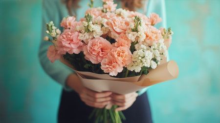 A person presents a bouquet filled with various flowers, including roses and chrysanthemums, in front of a colorful, textured wall. The atmosphere is vibrant and artistic.の素材